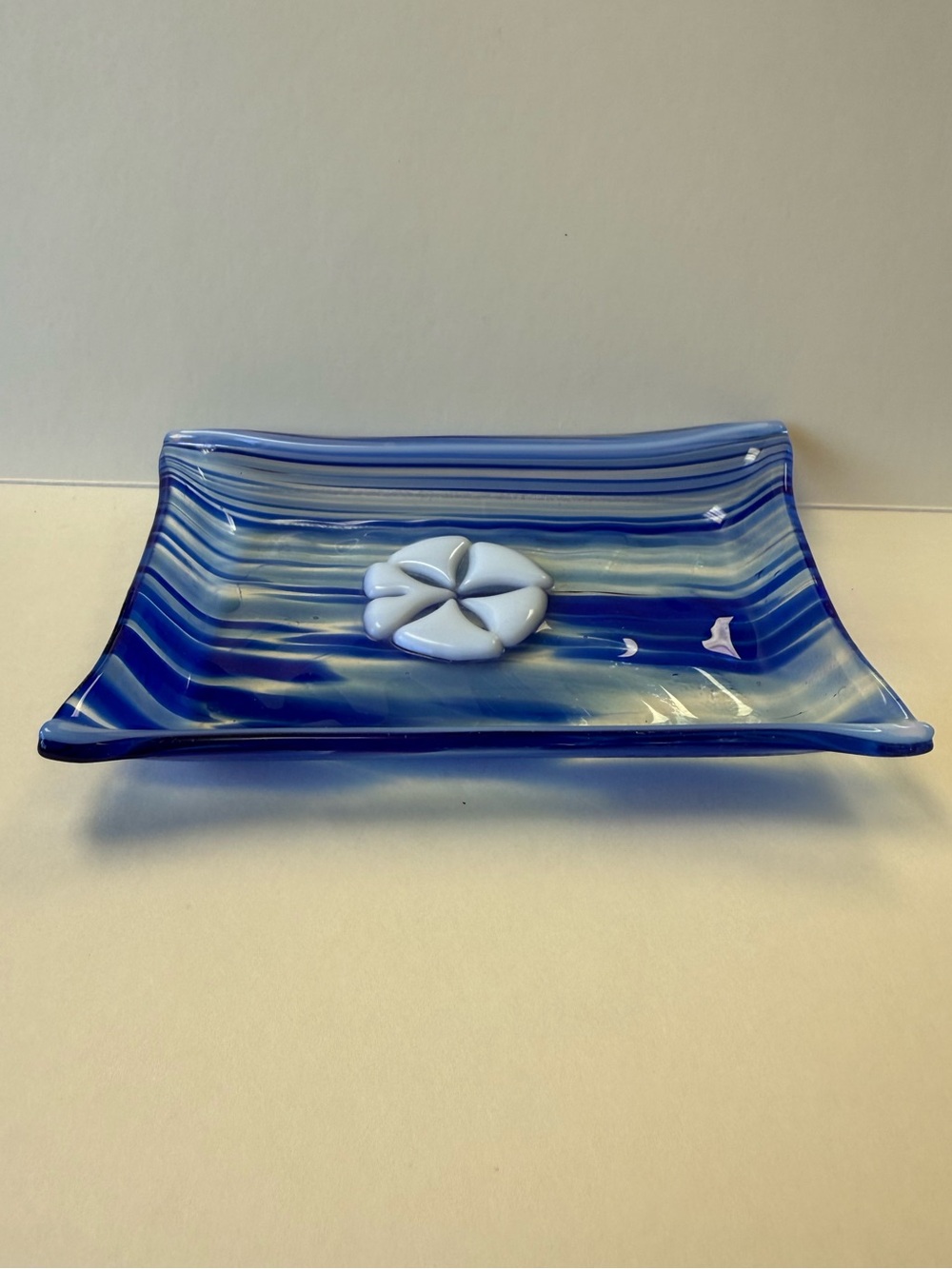Blue Striped Fused Glass Decorative Trinket Tray with White Sand Dollar Accent. - Picture 2 of 9